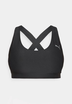 Schwarzer Sport-BH mit gekreuzten Trägern auf der Rückseite und kleinem Puma-Logo auf der linken Seite, entworfen für sportliche Aktivität.