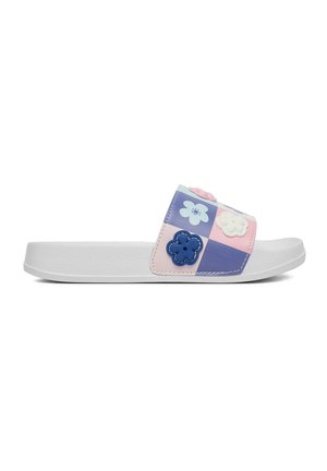 Weiße Slides-Sandale mit pastellrosa und lila kariertem Riemen, verziert mit blauen, weißen und pinken Blumenapplikationen.