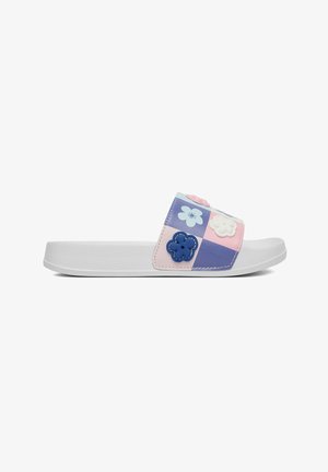 Sandalo bianco modello slide con cinturino a quadri rosa pastello e viola decorato con applicazioni floreali blu, bianche e rosa.