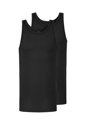 To ensfarvede sorte ærmeløse tanktops stablet med runde udskæringer og simple kanter på en hvid baggrund.
