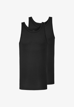 To ensfarvede sorte ærmeløse tanktops stablet med runde udskæringer og simple kanter på en hvid baggrund.