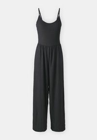 Mono negro con un corpiño ajustado, tirantes de espagueti ajustables y diseño de pierna ancha. Elaborado con una tela ligera y texturizada.