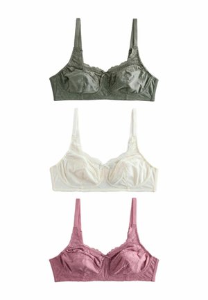 Three lace-trimmed soft-cup bras in olive green, white, and dusty pink, arranged vertically on a white background.