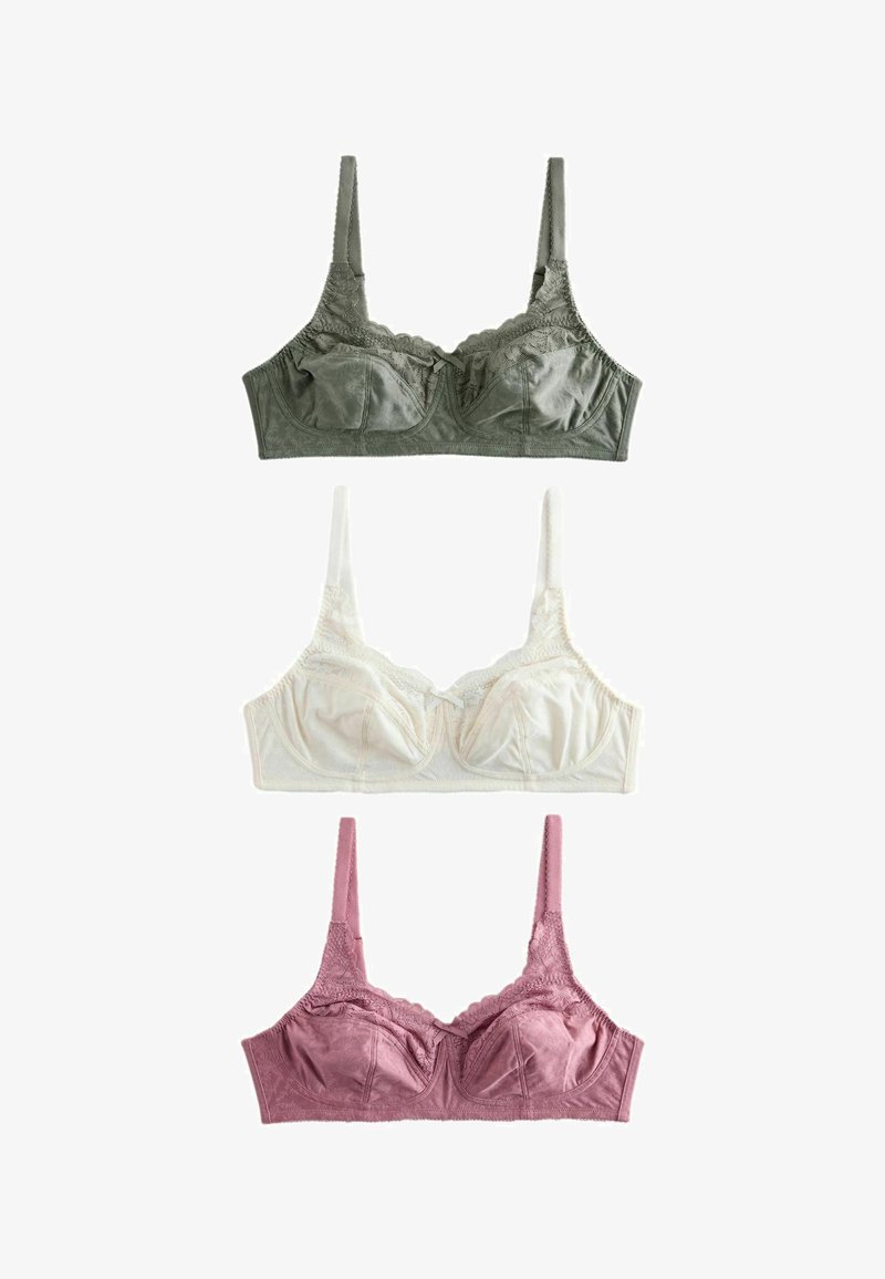 Trois soutiens-gorge à bonnets souples avec bordure en dentelle en vert olive, blanc et rose poudré, disposés verticalement sur un fond blanc.