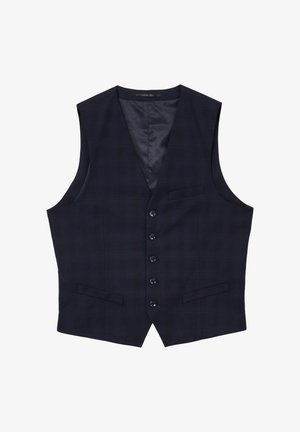 Marineblaues kariertes Weste mit V-Ausschnitt, sechs Knöpfen, zwei Fronttaschen und glattem Innenfutter. Strukturierter Stoff mit dezentem Karomuster.