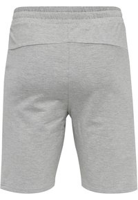 Grå bomullsshorts med elastisk midja, en mjuk textur och en enkel design. Har en längd som går till mitten av låret och ingen synlig hårdvara.