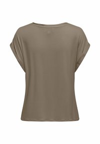 Haut taupe à manches courtes, coupe ample, avec revers roulés et encolure ronde, vu de dos sur fond blanc.