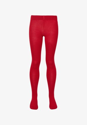 Lyse røde ugennemsigtige børnetights med en blød elastisk linning, vist oprejst på en ensfarvet hvid baggrund.