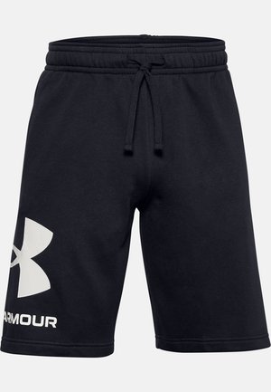 Schwarze athletische Shorts mit elastischem Bund und Kordelzug, mit großem weißem Under Armour-Logo am linken Bein.