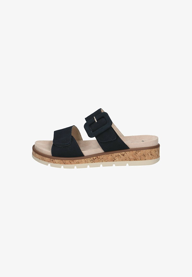 Zwarte suède slip-on sandalen met een kurken middenzool, verstelbare brede bandjes met een rechthoekige gesp en een rubberen loopzool met ribbels.