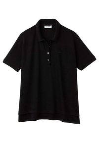 Svart pikétröja i bomullsblandning med klassisk krage, tre knappar och broderad logotyp på bröstet.