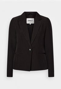 Czarna marynarka o dopasowanym kroju, z klapami, na pojedynczy guzik i dwiema kieszeniami z przodu. Gładki materiał o subtelnej fakturze.