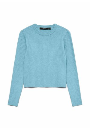Maglione a coste di un blu chiaro, con scollo rotondo e maniche lunghe, caratterizzato da un design corto e una texture morbida.