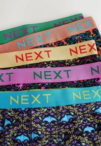 Päť párov pánskych boxiek s farebnými pásikmi v páse, označenými "NEXT" v rôznych farbách, s námorníckymi a rastlinnými motívmi.