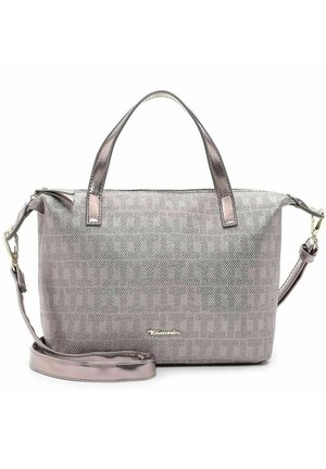 Rectangular metallic textured handbag with two short handles and a detachable long strap, zip closure, and small brand logo on front.