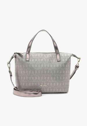 Sac à main rectangulaire métallisé texturé avec deux poignées courtes et une bandoulière longue amovible, fermeture éclair et petit logo de marque à l'avant.