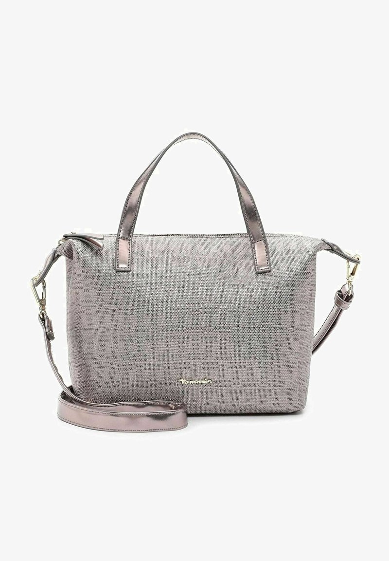 Sac à main rectangulaire métallisé texturé avec deux poignées courtes et une bandoulière longue amovible, fermeture éclair et petit logo de marque à l'avant.