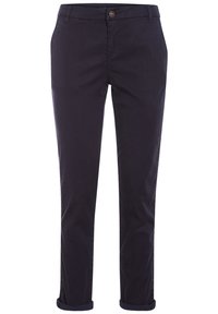 Mörkblå byxor i bomull med rak bendesign, knappstängning och uppvikta fållar för en avslappnad look.