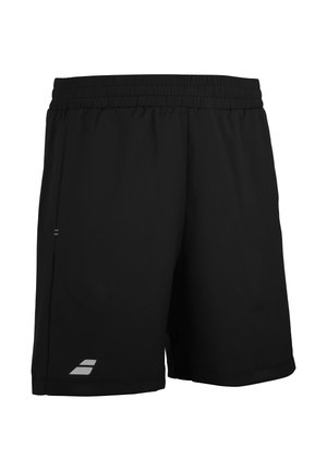 Sorte atletikshorts med elastisk talje og et lille hvidt logo på det nederste venstre ben.