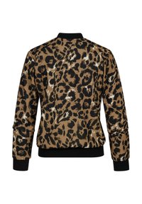 Giacca bomber con stampa leopardata in tonalità di marrone, nero e bianco. Presenta un colletto e dei polsini neri a coste, con una superficie liscia e lucida.