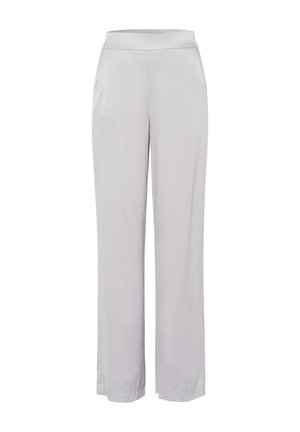 Lichtgrijze wijde broek gemaakt van gladde stof. Heeft een aansluitende tailleband en een strakke, rechte snit. Geen zichtbare patronen of accenten.