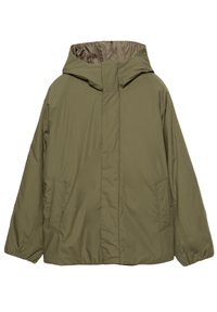 Giacca con cappuccio verde oliva con una texture liscia, dettagli delle cuciture frontali e due tasche laterali. Fodera morbida e polsini elasticizzati.
