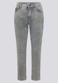 Grey slim-fit denim jeans with front button, zipper, belt loops, and front pockets against a plain background.