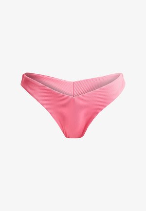 Roze bikinibroek met een geribbeld texture, met een lage taille en een V-vormige voorkant. Minimalistische stijl zonder extra hardware of patronen.