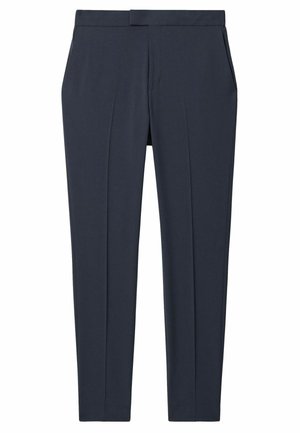 Pantaloni blu navy realizzati in tessuto liscio, con un taglio dritto, due tasche frontali e pieghe frontali per un tocco di dettaglio.