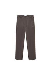 Dunkelbraune, gerade geschnittene Hose mit einem Kordelzugbund, aus einem glatten Material gefertigt. Besitzt dezente Branding-Elemente an der Seite.