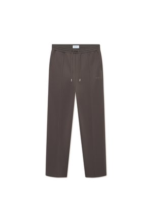 Dark brown, straight-leg pants with a drawstring waist, made from a smooth material. Features subtle branding on the side.