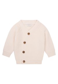 Kremowy sweter z dzianiny z dekoltem w serek, pięcioma drewnianymi guzikami i ściągaczami, o luźnym kroju i fakturowanej tkaninie.