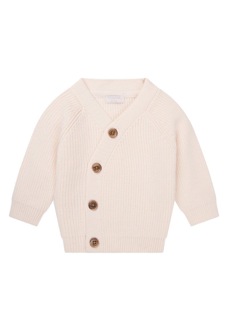 Kremowy sweter z dzianiny z dekoltem w serek, pięcioma drewnianymi guzikami i ściągaczami, o luźnym kroju i fakturowanej tkaninie.