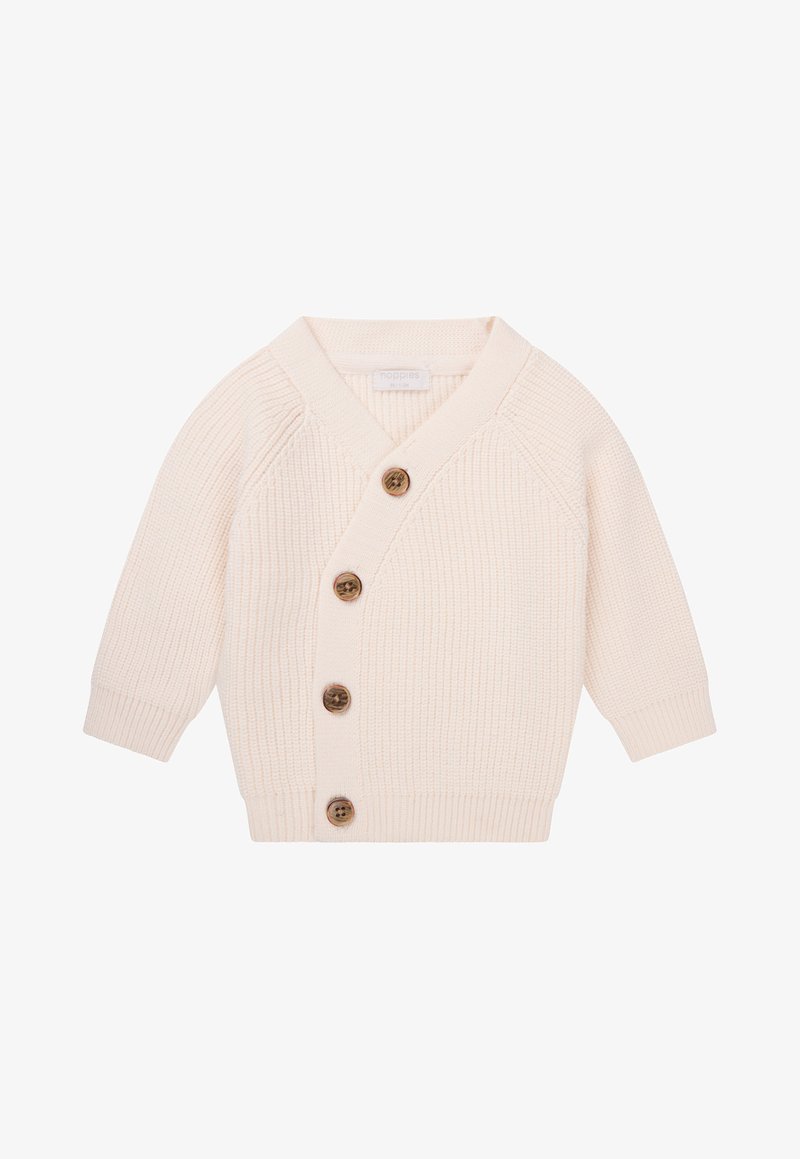 Kremowy sweter z dzianiny z dekoltem w serek, pięcioma drewnianymi guzikami i ściągaczami, o luźnym kroju i fakturowanej tkaninie.