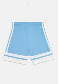 Hellblau sportive Shorts mit weißen vertikalen Seitenstreifen und weißen horizontalen Bändern nahe dem Saum, elastischem Bund und kleinem Logo auf der rechten Seite.