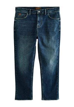 Dark blue denim jeans with a straight cut, featuring a faded finish, five pockets, and a button closure at the waist.