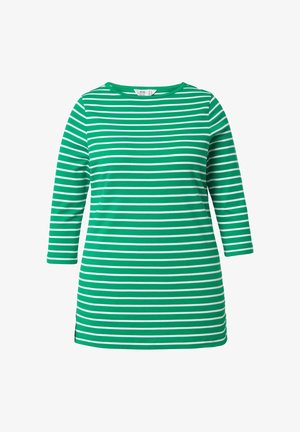 Camisa verde de manga larga con rayas horizontales blancas y un escote redondo, exhibida sobre un fondo blanco.