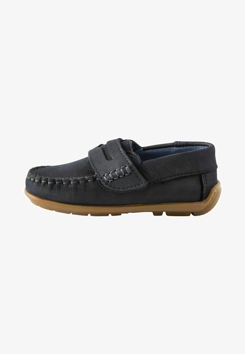 Blue leather loafer-style shoe with a thick rubber sole, stitched detailing, and a velcro strap across the top for easy wear.