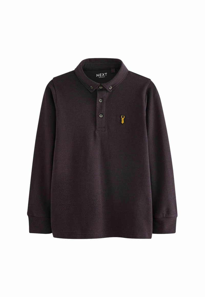 Diep paarse longsleeve poloshirt met een kraag, een knoopsluiting met drie knopen en een geel kreeftlogo op de linkerborst. Zacht katoenen mixmateriaal.