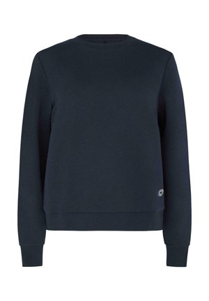 Marineblauer Sweatshirt aus weichem Stoff, mit Rundhalsausschnitt, gerippten Bündchen und einem kleinen Logo-Akzent an der unteren Seite.