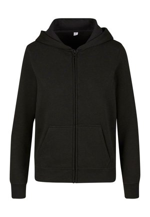 Zwarte zip-up hoodie gemaakt van een zachte katoenmix. Heeft een grote capuchon, voorzakken en ribgebreide manchetten en zoom. Eenvoudig, klassiek ontwerp.