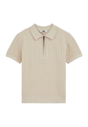 Polo beige en maille à manches courtes avec motif en vague texturé, poignets et ourlet côtelés, et fermeture éclair devant sous le col.
