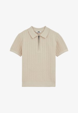 Beige gebreid poloshirt met korte mouwen, een getextureerd golfpatroon, geribbelde manchetten en zoom, en een voorzak met ritssluiting onder de kraag.