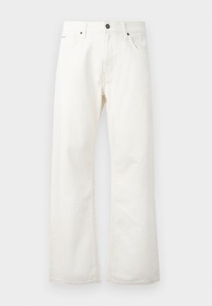 Jeans brancos de corte amplo feitos de denim, com uma cintura standard, bolsos frontais e fecho de botão. Tecido texturizado com um acabamento limpo.