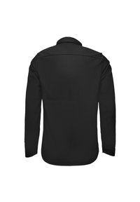 Black long-sleeve shirt featuring a classic collar, straight cut, and stitched detailing on the shoulders and cuffs. Smooth fabric texture.
