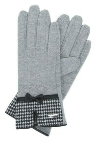 Guanti a maglia grigi con un motivo houndstooth bianco e nero al polsino, caratterizzati da un accento con fiocco nero e un'etichetta sul lato.