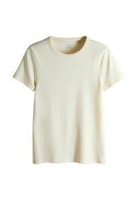 Tricou cu mânecă scurtă, de culoare crem, realizat din material ribanat. Are un decolteu rotund și o croială dreaptă cu o textură moale.