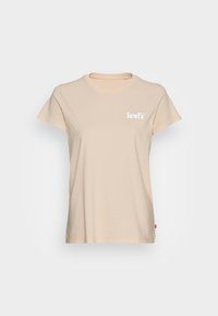 Světlý béžový bavlněný tričko s krátkými rukávy, kulatým výstřihem a bílým logem Levi's potisknutým na levé straně hrudi. Jemná textura.