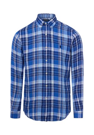 Blau-weiß kariertes, langärmliges Hemd mit Knöpfen, Button-Down-Kragen und kleinem gesticktem Logo auf der linken Brust.