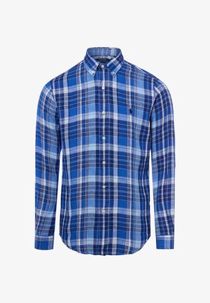 Blauw-wit geruit overhemd met lange mouwen, knoopsluiting en een knoopkraag, met een klein geborduurd logo op de linkerborst.